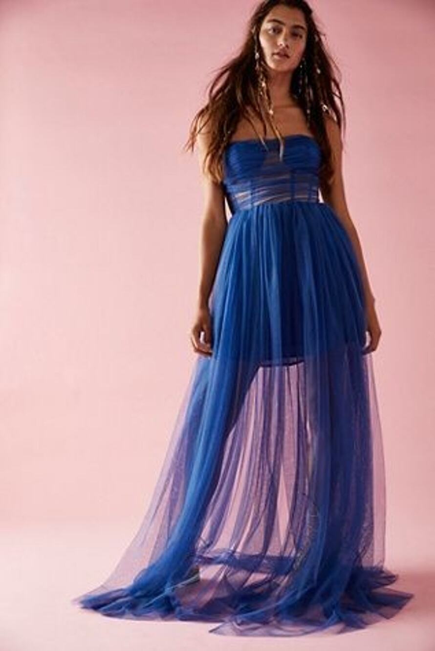 New Free People SAU LEE Bella Gown $510 Size 2 Blue Edgy Strapless Maxi Dress